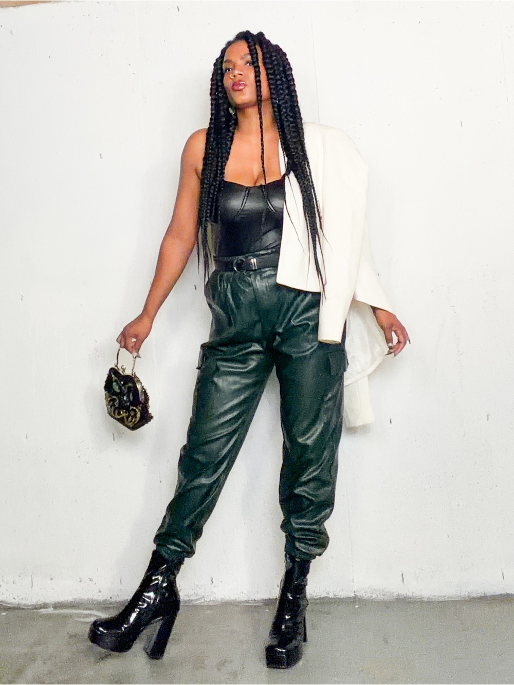 Bluenotes Black Faux Leather Cargo Joggers